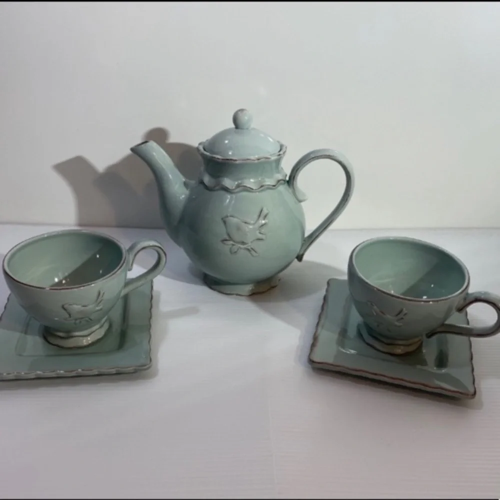 Vintage Tea Set Bird Teapot Teacup Delicate Floral Hand Painted Hand Crafted Art